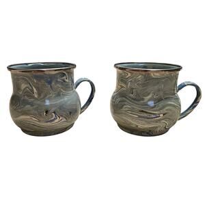 Mackenzie Childs Enamelware Blue Green Gold Dipped Paint Swirl Metal Mug